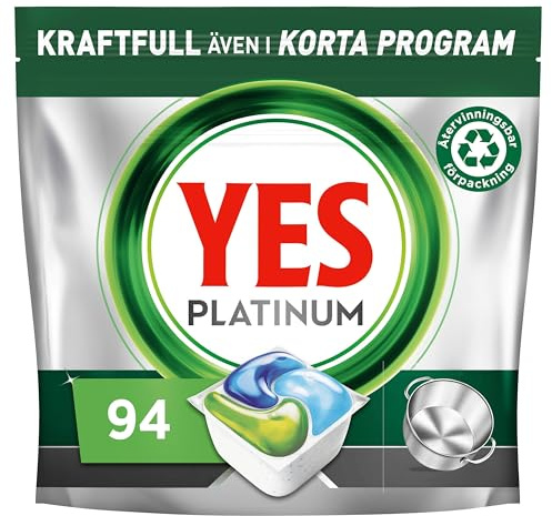 Yes Platinum All In One Maskindiskmedel, 94 Diskmaskinstabletter, För Tuffa Utmaningar, Rengör Till och med Flottiga Filter