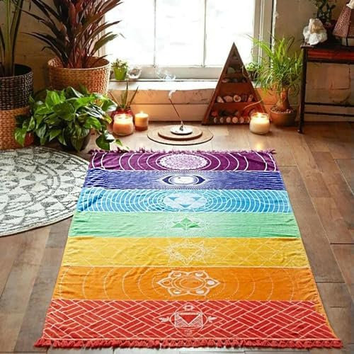 SEIBES Böhmische Wandbehangdecke, 7 Chakren, farbiger Regenbogenstreifen, Polyester-Wandteppich, Heimdekoration, Yogamatte für Meditationsläufer, 150 x 75 cm