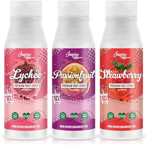 INSPIRE FOOD Sirop de Bubble Tea 3-Pack | Litchi, Fruit de la Passion et Fraise | Pur Jus de Fruits | 300 ml