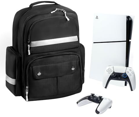 Ezgnuk Game Backpack for PS5 Silm Console, Protective Travel Carrying Case for PlayStation 5 Slim, Laptop, Headphones, Game Discs and Accessories Large Capacity