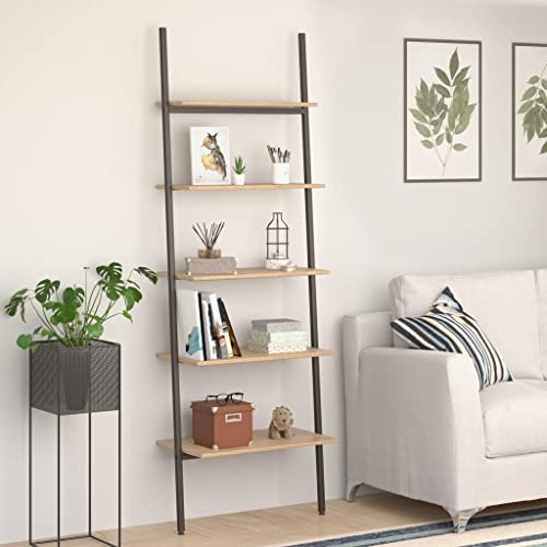 puraday Bücherregal Wohnzimmer Anlehnregal mit 5 Ablagen Hellbraun und Schwarz 64x34x185,5 cm DVD-Regale Arbeitszimmer Möbel Büro-Regale Metallregal Leiterregal Holz Lager Regal Küchenregal