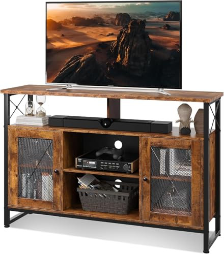 WLIVE TV Schrank, TV Board für Fernseher bis zu 55 Zoll, Hoch TV-Schrank mit Verstellbaren Ablagen, Fernsehtisch mit Zwei Schränken, TV Tisch für Wohnzimmer, Esszimmer und Schlafzimmer, Vintagebraun