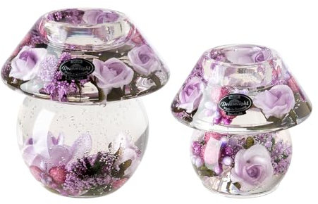 Dreamlight Teelichthalter Deko Noblesse - 2er Set Traumlicht Teelichter Glas Tischdeko Hochzeit Ostern Geschenk für Frauen Geschenkset Muttertag - Violett Pink - Höhe 9,5/11,5 cm