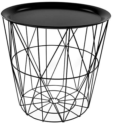 Black Geometric Iron Metal Wire Round Tray Top Storage Side Table Basket