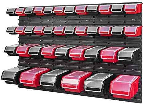 PAFEN Stapelbox Wandregal - 1158 x 780 mm - Lagersystem 39 Stück Boxen mit Deckel - Lagerregal Sichtlagerkästen Schüttenregal, Schwarz/Rot