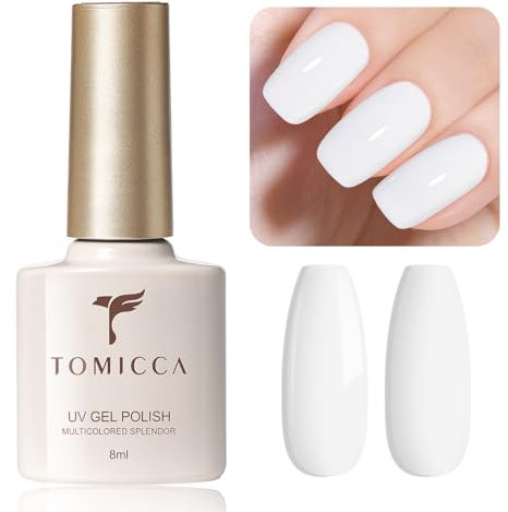 TOMICCA Gel Nail Polish, White Gel Polish, Soak Off UV LED White Color Gel Nail Varnish High Glossy French Manicure Salon DIY, 8ml
