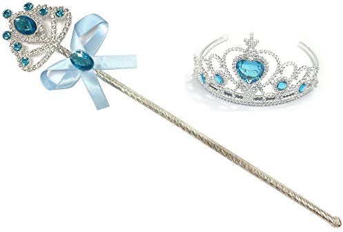Kuzhi Ensemble diadème et baguette Elsa de la Reine des Neiges - Bijou en forme de cœur argenté (cristal bleu, baguette en métal)