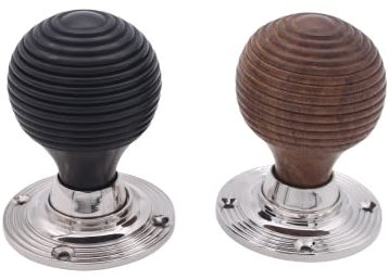 Infinity Decor Pure Ebony Wood & Rosewood Door Knobs/Wooden Beehive Victorian Mortice Rim Knob/Solid Brass Rose Plate Polished Nickel Finish (Ebony Beehive)