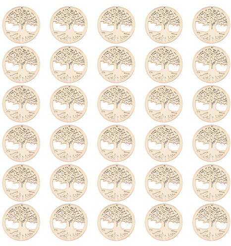 NBEADS 30 Stück 60mm Baum des Lebens Holz Cutout, Runde Baum des Lebens Holz Anhänger Blank Holz Baum Verzierungen für Hochzeiten Weihnachtsschmuck DIY Handwerk Dekoration Scrapbooking Verzierungen