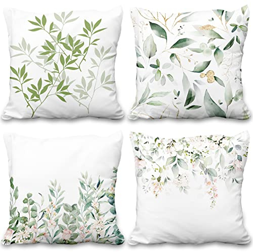Aoihrraan 40x40cm 4er Set Dekorativ Frühling Salbei Grünes Blatt Kissenbezug Eukalyptus Blumen Aquarell Weicher Kurzer Plüsch Quadratischer Kissenhülle Dekokissen Für Wohnzimmer Draussen Garten Sofa