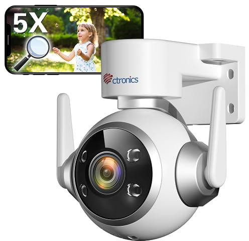 Ctronics 5X Zoom Ottico Telecamera Wi-Fi Esterno, WiFi 2,4/5GHz IP Videocamera Sorveglianza, Auto Tracking & Rilevamento Umano, Visione Notturna a Colori 30M, Audio Bidirezionale, 3 Metodi di Install