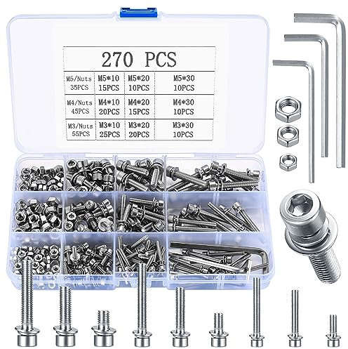 M3 M4 M5 Zylinderschrauben mit Unterlegscheiben, 270 Sechskantschrauben mit Innensechskant Schrauben Set, Edelstahl Fahrrad Gewindeschrauben Innensechskantschraube und Muttern Sortiment Set