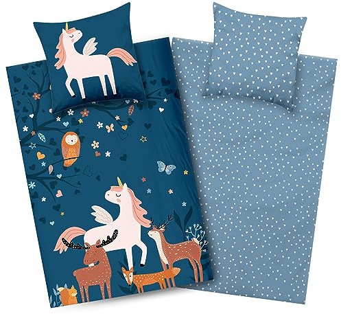 Aminata kids Bettwäsche Mädchen Einhorn 135 x 200 mit YKK Reißverschluss - Kinder-Bettwäsche-Wende-Set | Einhorn-Tier-Motiv | Pferd Unicorn Regenbogen Waldtiere