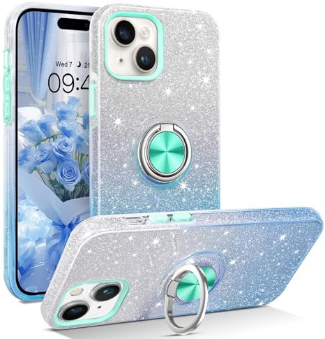 DOMAVER Case for iPhone 15 Case with 360° Ring Holder, Glitter Slim Fit Sparkly Magnetic Car Mount Supported Protective Cover for Girls Women, Blue