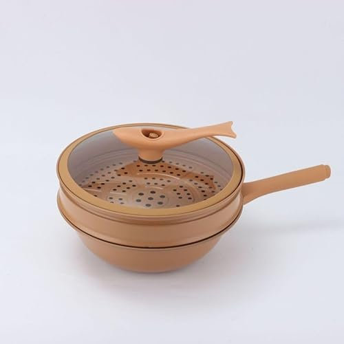 XILENY Wok de Arcilla Antiadherente Con Cesta de Vapor, Sartén de Hierro Con Tapa, Múltiples Funcionalidades y Accesorios, Compatible Con Cocinas de Inducción