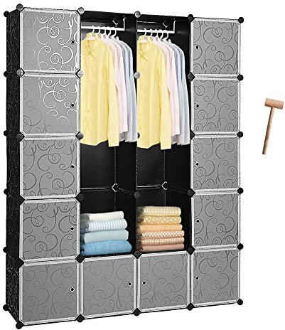 Izrielar Kleiderschrank Regalsystem 20 Würfel Garderobe DIY Kleiderschrank Offen Kunststoff mit Türen Garderobenschrank Schwarz 180 x 142 x 37cm