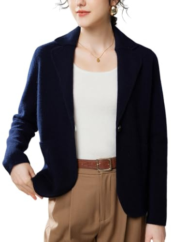 DISSA Cardigan Cachemire Laine Femme Col Revers Manches Longues,Bleu,44