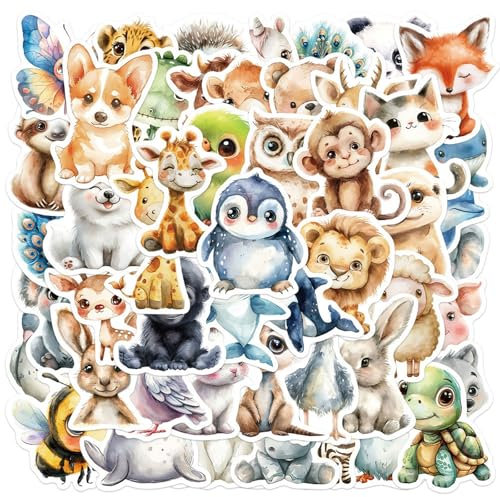 BETESSIN Tiere Sticker Set - 50 Stück Vinyl Stickers mit Niedlichen Aquarellen Tiere Motiven - Wasserfeste Aufkleber für Laptop, Telefon, Kindle, Wasserflasche, Fahrrad, Koffer, Scrapbook, Fotoalben