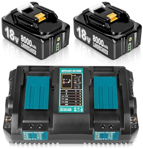 2 Stück BL1860 8.0Ah Li-ion Ersatzakku für Makita Akku 18V mit 1 Stück DC18RD 4A Ladegerät für Makita 18V Akku Kompatibel BL1830 BL1840 BL1850B BL1860B 8000mAh with LED (8.0Ah-2+C)