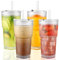 Lxoraziy 4er-Pack 600ML Ribbed Glass Tumblers with Lids and Straws, Leakproof Glass Cups, Reusable Iced Coffee Cups, with Straw and Lid for Iced Coffee, Cocktail, Tea, Smoothie