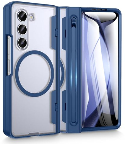 Doeshine Coque pour Samsung Z Fold 5, Translucide Magnétique, Bleu | Built-in Protection Écran, Anti-Chocs avec Slot S-Pen Intégré (No S Pen), Charge Magnétique & Protection Charnière Renforcée