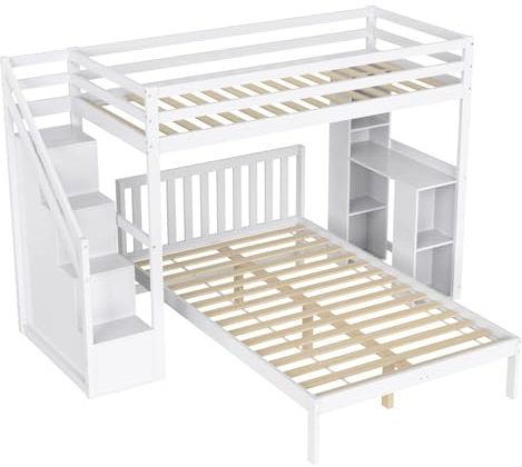 Hochbett mit Treppenschrank, Stufenregal, Seitenschutz, offenem Regalbereich, stabilem Aufbau, multifunktionaler Nutzung, integriertem Arbeitsplatz, moderner Raumlösung, Holzoptik (Weiß,120x200cm)
