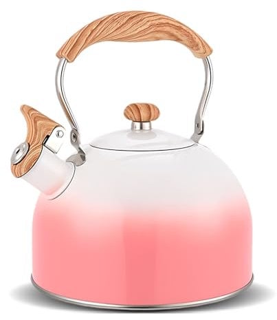 Stovetop Kettle for Kitchen Gas, Induction & Electric Hobs, 2.5L Stainless Steel Whistling Kettle with Folding Wood Grain Handle for Boiling Water/Coffee/Milk/Camping (Pink)