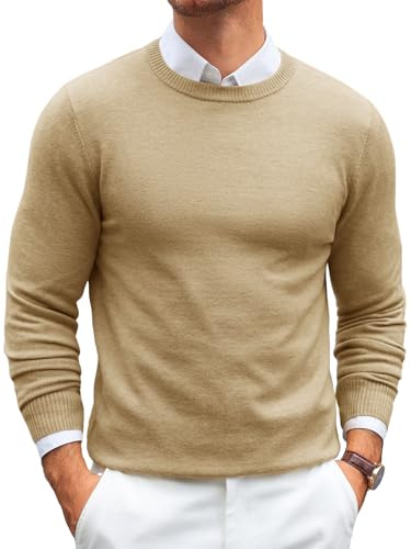 Runcati Maglione da uomo a maniche lunghe, girocollo, lavorato a maglia fine, vestibilità regolare, leggero, tinta unita, basic, maglietta da uomo, cachi, XL