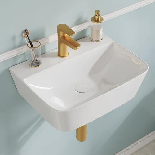 DeerValley Barthroom Basin Sink, Bathroom Wall Hung Ceramic Sink with Tap Hole, Rectangular Thin Edge Countertop Basin for Cloakroom WC - 46 x 31 x 12cm