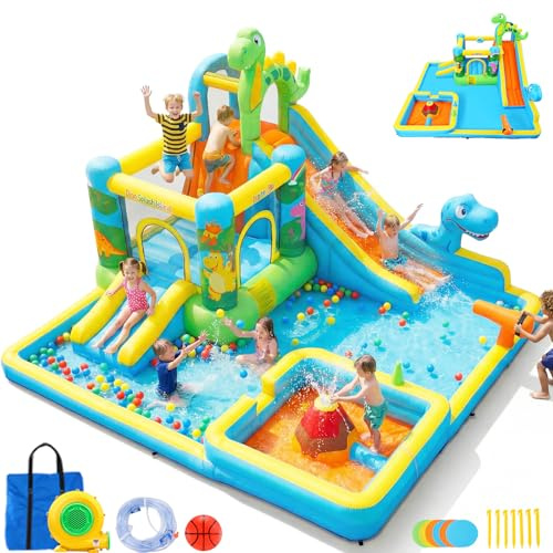 AKEYDIY Große Wasserrutsche für Kinder im Alter von 3–12 Mädchen/Jungen, Dinosaurier-Thema, aufblasbares Hüpfhaus, 550 W Gebläse, Lange und Kurze Rutschen, Planschbecken für Kinder, Sommer