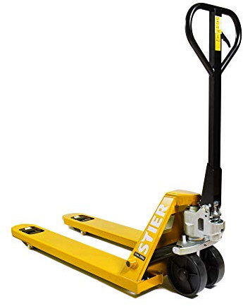 STIER Transpalette, chariot élévateur, capacité de charge 2500 kg, longueur de fourche 1150 mm, pré-monté et prêt à l'emploi, roues en nylon, jaune, transpalette manuelle, direction 210°
