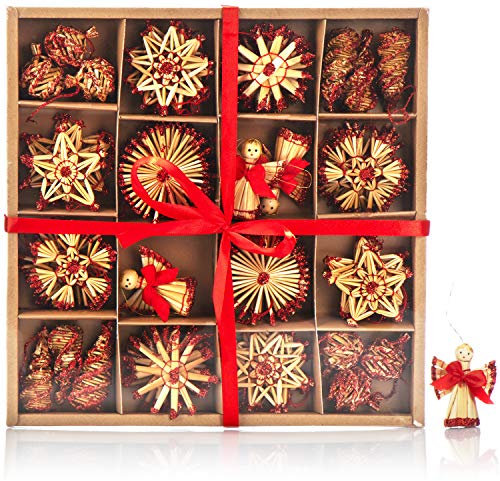 com-four® 56-teiliges Strohsterne Set - verzierte Sterne, Glocken, Tannen, und traditionelle Figuren - kleine Stroh-Anhänger - besonderer Christbaum-Behang - Bauernchristbaumschmuck