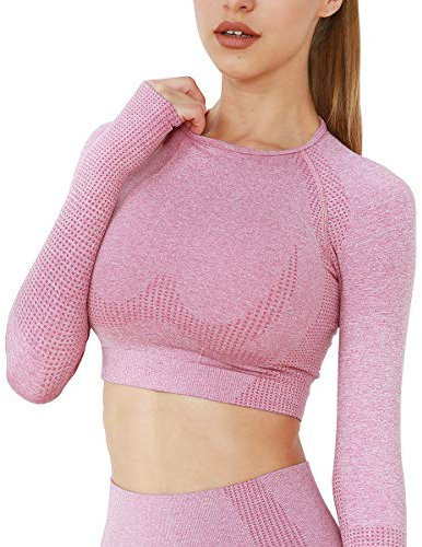 Yaavii Damen Sport Laufshirt Longsleeve T-Shirts Bauchfrei Langarm Crop Top Fitness Oberteile Rosa L