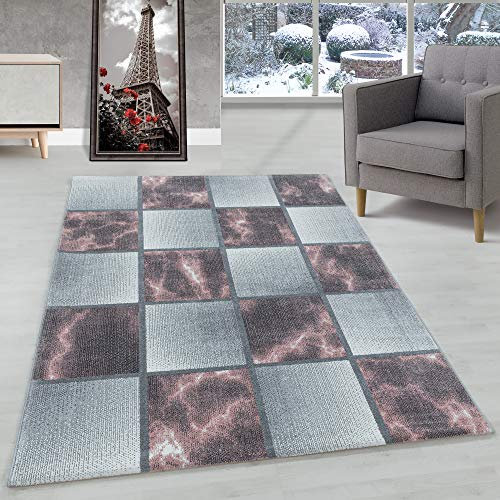 Modern Designer Wohnzimmer Teppich Weicher Kurzflor Kariert Design Robust, Farbe: Rosa, Größe: 140 x 200 cm