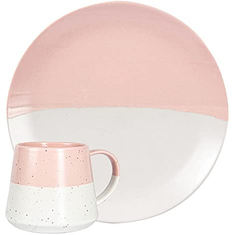 Nicola Spring 8pc Ceramic Plates & Coffee Mugs Set - Dusty Pink - 4-Person Crockery Set Kitchen Dipped Tableware Two Tone Dinner Set Dining Plates and Tea Coffee Mugs