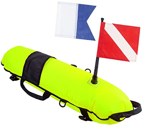 Pluzluce Inflatable Diving Safety Surface Marker Buoy, Diver Down Torpedo Buoy, High Visibility Signal Float with 2 Dive Flags, Diver Down Flag + Alpha Flag for Scuba Diving, Spearfishing Yellow