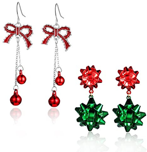 Sibba 2 Paar Weihnachtsohrringe Urlaub Xmas Schleife Ohrring Rot Grün Schleife Glocke Ohrringe Ohrstecker Weihnachtsgeschenke für Frauen Mädchen