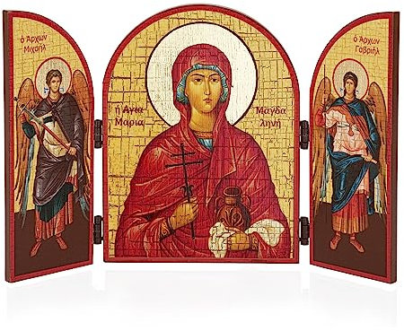 NKlaus Heilige Maria Magdalena Ikone Triptychon Holz 25x16cm Christlich 13882