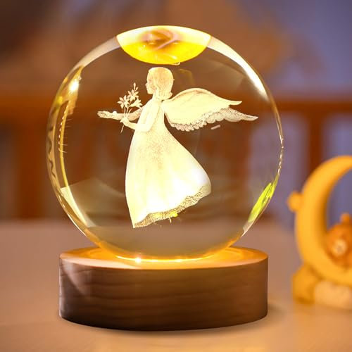 Geschenke Für Mama LED Kristallkugel Nachtlicht, LED Nachtlicht Kristallkugel Lampe mit Holz Sockel, 3D Dolphin Deko Licht, LED Rose Beleuchtung Herz Deko Geschenke Für Frauen,Valentinstag (Engel)