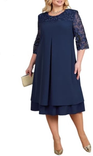 IMEKIS Women Plus Size Party Dress with 3/4 Sleeves, Round Neck, Floral Embroidery, Chiffon Material, Elegant Wedding Guest & Formal Cocktail Evening Dress in Navy Blue, Size XL