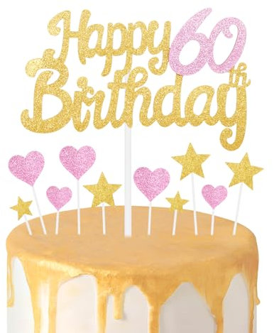 Gold Pink 60th Birthday Cake Topper, Girls 60th Birthday Decorations, Glitter Heart Stars Cake Toppers, Personalised Happy Birthday Cake Cupcake Toppers for Women Girls Baby Birthday Party Supplies