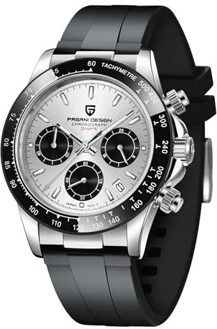 Pagani Design Daytona Hommage Herren Quarzuhr, Chronographen-Armbanduhr für Herren, VK63 Uhrwerk, Edelstahlband, PD1644 (weiß, Gummi)