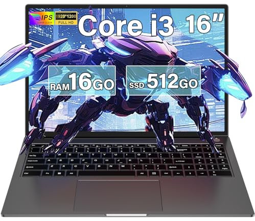 2025 Laptop 16 Zoll Win 11 16+512 GB Core i3-1000NG4 (bis zu 3,2 GHz) SSD mit 1-TB-Erweiterung,1200p FHD IPS Display Notebook mit Nummerntastatur-Funkmaus und Deutscher-Tastaturgehäuse-Gray
