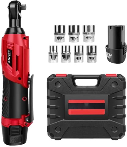 Bowose Akku Ratschenschlüssel 10mm, 2 Stück 1500mAh Batterien, 7 Stück Steckschlüssel, 40N.m 230RPM, LED-Licht, leichter tragbarer Ratschenschlüssel mit Tragetasche (rot)