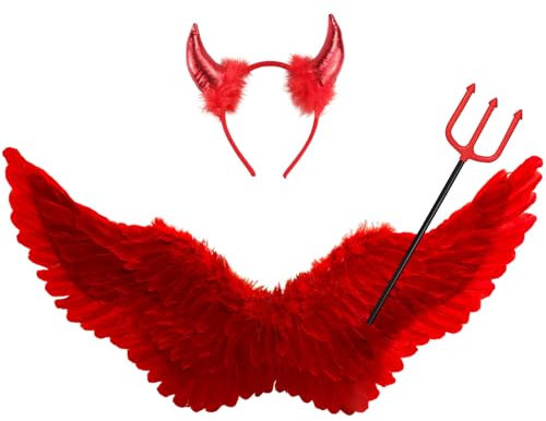Ailes d'Ange Rouge Grand avec Cornes de Diable & Baguette Magique Set,105CM Ailes d'Ange Adulte Ange Diable Fée Costume Accessoires pour Halloween Carnaval Cosplay Party Mardi Gras Déguisement