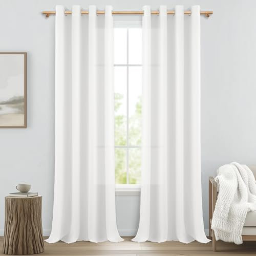 MRTREES Cortinas y Visillos Blancas Lino Translucidas para Salon Modernas Dormitorio Matrimonio Cocina Largas 2 Piezas 140x260cm Cortina Comedor Ventana Habitacion Semiopaca con Ojales