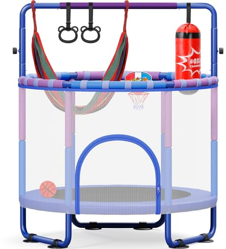 Yohood 55 Trampoline for Kids with Enclosure, 6-in-1 Toddler Trampoline Indoor Outdoor, ASTM Certified Full Anti-Rust Tube with Adjustable Gymnastics Bars for Boys Girls Ages 3-10
