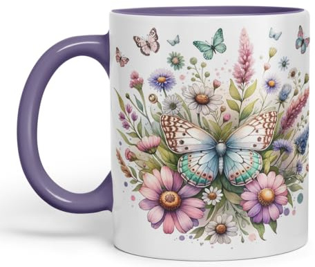 Vixar Butterflies and Wildflowers Coloured Mug Cup Floral Garden Nature Gift 11oz (Purple)