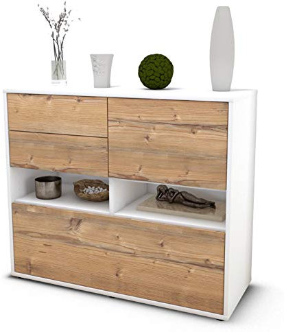Stil.Zeit Sideboard Cornelia, Korpus Weiss matt, Front Holz-Design Pinie (92x79x35cm) Push-to-Open Technik & Leichtlaufschienen