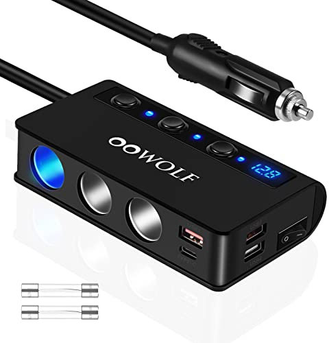 OOWOLF Zigarettenanzünder Verteiler, QC 3.0 Type-C USB Auto Ladegerät Adapter, 3 Fach 180W 12V / 24V KFZ Verteiler Steckdose mit Voltmeter Schalter für GPS Dash Cam Telefon Tablet